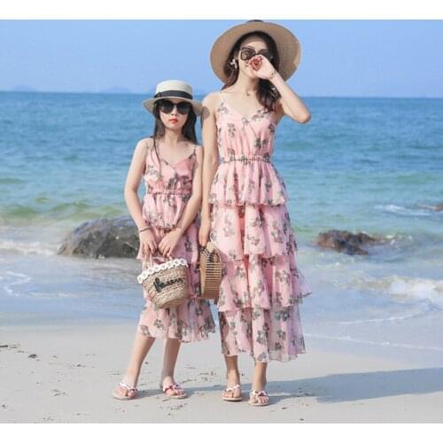 2020 Summer Mother Daughter Princess Dresses Mother and Kids Casual Chiffon Dress Flower Mom Baby Family Clothes Outfits