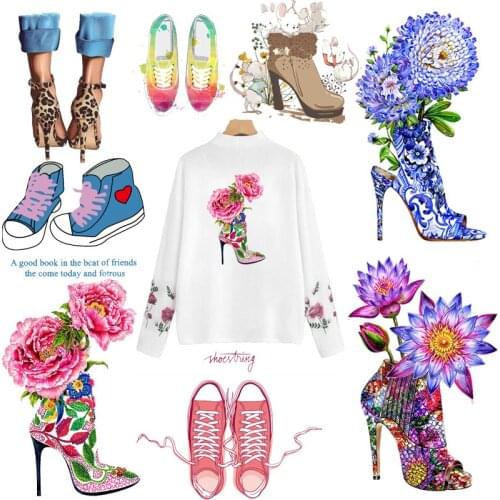 Fashion High Heels Transfer For Clothing Ironing Thermal Stickers To Kid Clothes Cute Canvas Shoes Vinyl Heat Transfer