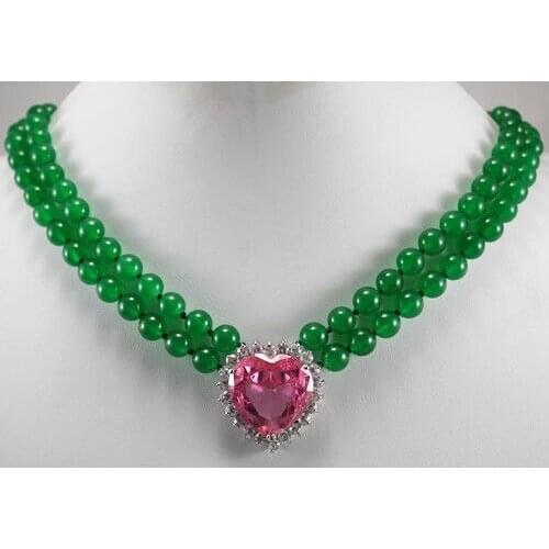 Ladys fashionalbe accessory! Pretty 2 rows green & red jade necklace inlaid crystal heart pendant