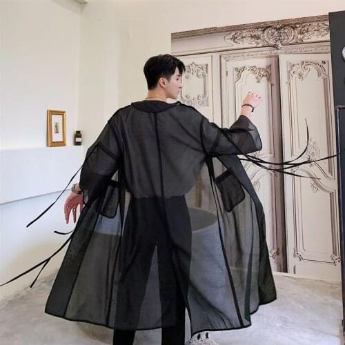 Men Translucent Mesh Trench Coat Male Japan Streetwear Punk Gothic Hip Hop Long Cardigan Jacket Stage Clothing