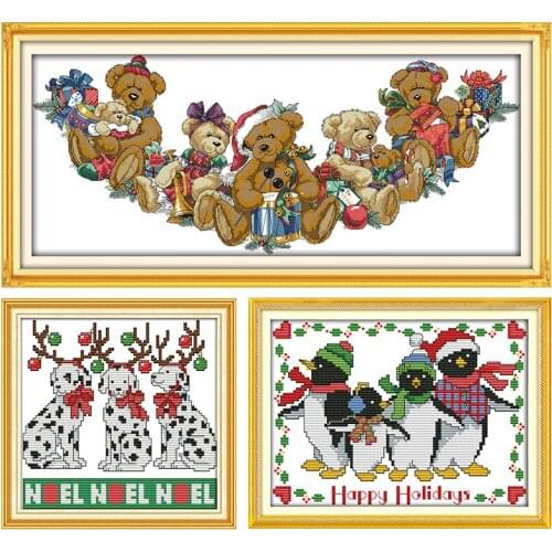 Joy Sunday Stamped Cross Stitch Kits Christmas Bears Patterns 14CT 11CT Print Counted Fabric Handmade Embroidery Needlework Sets