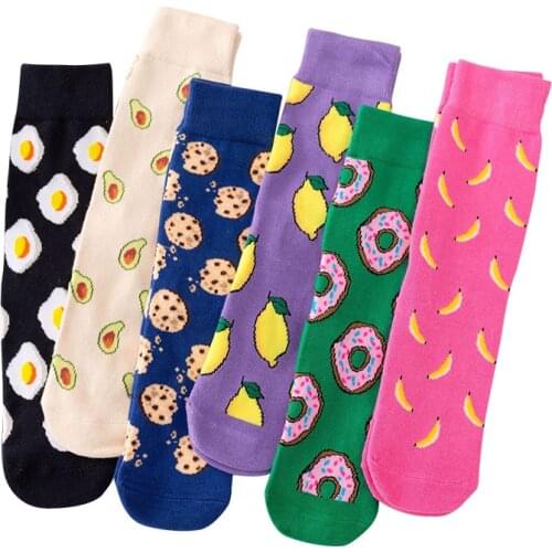 Korean style Women Socks Funny Cute Cartoon Fruits Banana Avocado Lemon Egg Cookie Donuts Food Happy Harajuku skateboard Socks