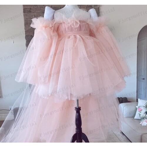 New Design Blush Pink Off Shoulder Long Sleeve Short Puffy Dresses with Detachable Train Custom Made Summer Dress 2021