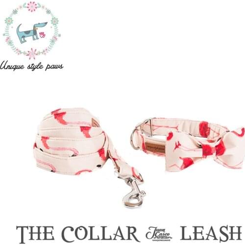 Handmade Well Flamingo Print Dog Collar Dog&Cat Collar with Bowtie and Dog Leash