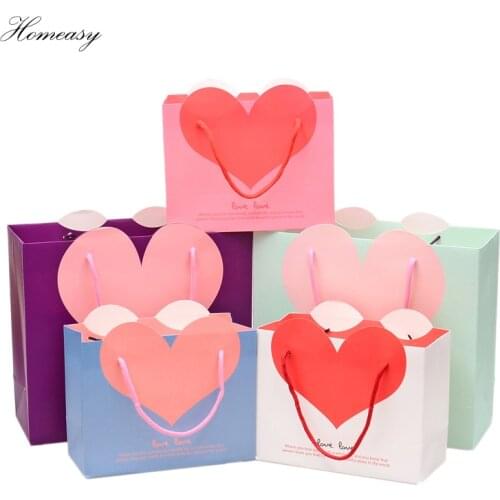 10pcs/lot S/M/L Gift Bag with Heart Festival Valentines Day Gift Bags Wedding Paper Bag with Handles Free Shipping