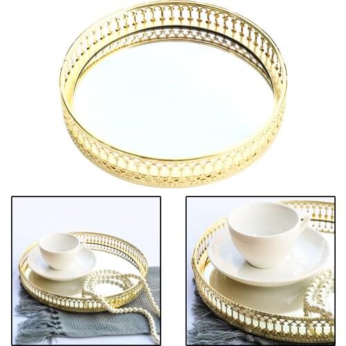 17.5cm Perfume Jewelry Tray Vanity Decorative Tray Mirror Tray with Round Gold Metal for Dresser Bedroom Countertop Organizer