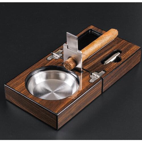 Foldable Wood Cigar Ashtray Multifunctional Portable Cigar Ashtray Set Cigar Cutter Holder and Hole Opener Ashtray for Home
