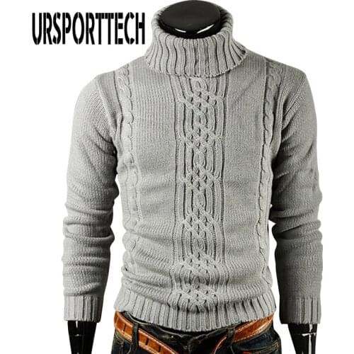 URSPORTTECH Autumn Winter Men Turtleneck Sweater Pullover High Lapel Pullover Jacquard Sweater Mens Linen Turtle Neck Sweaters