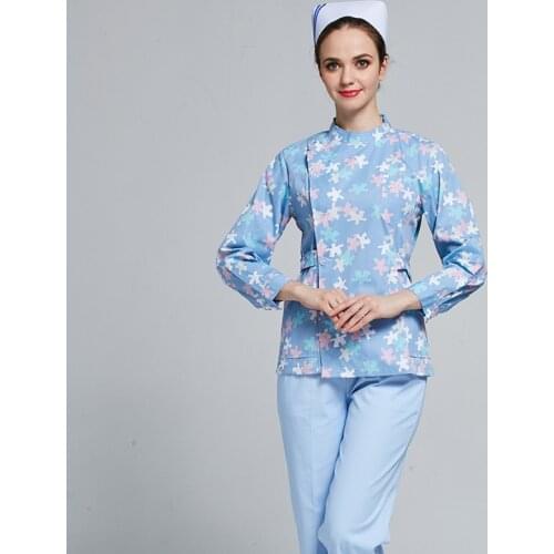 Print Nurse Uniform Shirt and Pants Set with Pockets High Quality Blue Nursing Uniform