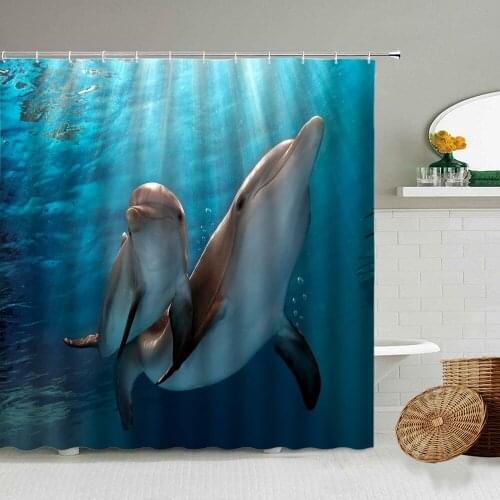 Ocean Dolphin Animal Shower Curtain Blue Deep Sea Whale Bathroom Blackout Waterproof Screen Photography Background With Hook Set