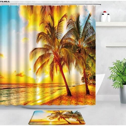 FILMILIL Dusk Sun Beach Palm Trees Shower Curtains Bath Mats Set Ocean Scenery Home Door Pad Bathroom Rugs Non-slip Carpet Decor