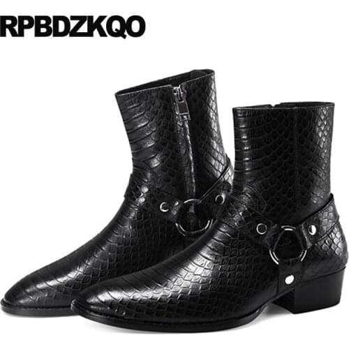 Genuine leather ankle plus size snakeskin pointed toe black shoes harness zipper crocodile full grain boots men chunky runway