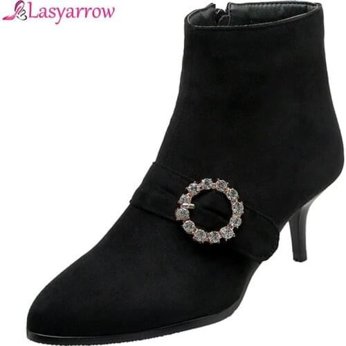 Lasyarrow plus size 31-48 round buckled bling crystal diamond short boots for women ladies flock autumn spring ankle boots J1041