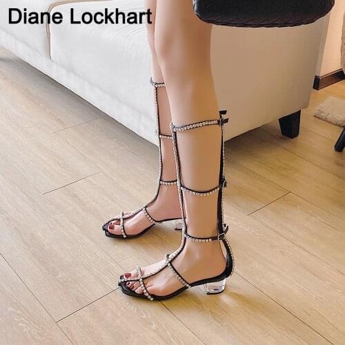 Roman Gladiator Bandage Sandals Women Rhinestone Knee High sandalias botas femininas Women Shoes Lady Summer hollow Heels