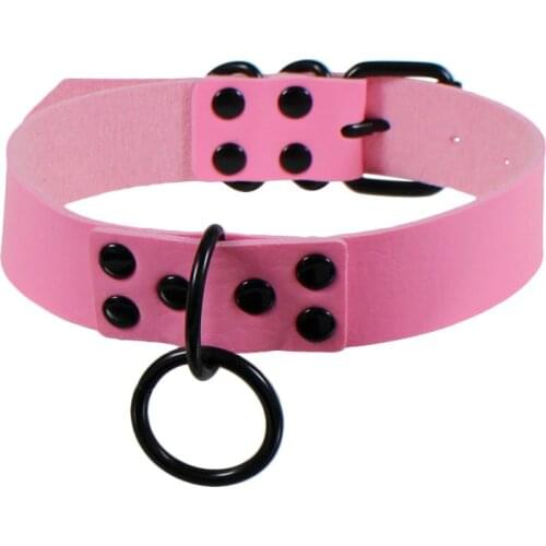 Goth Punk Pu Leather Pink Choker Collar For Women Round Necklace Neck Strap Cosplay Chocker Gothic Accessories Jewelry
