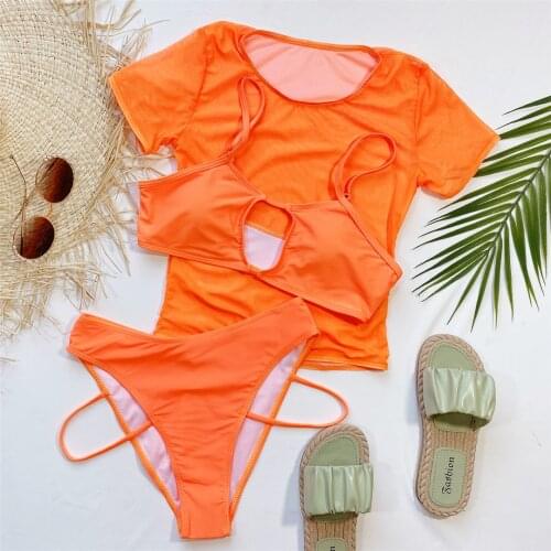 Female Swimsuit High Waist Bikini Women Swimwear Three-pieces Bikini set Short Sleeve Cover Ups Bather Bathing Suit Swim K2988