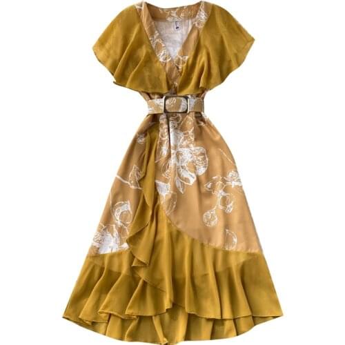 New Summer Women Sexy V-Neck Butterfly Sleeve Belt Slim Long Dress Sweet Ruffles Fashion Print Irregular Mermaid Dress