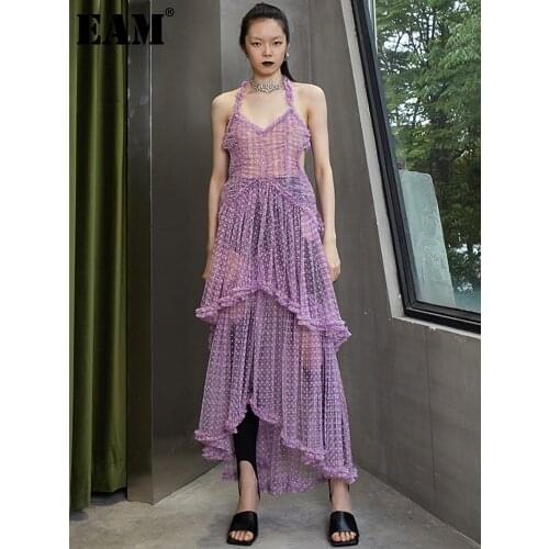 [EAM] Women Mesh Irregular Perspective Long Dress New V-Neck Sleeveless Loose Fit Fashion Tide Spring Summer 2021 1DD8644