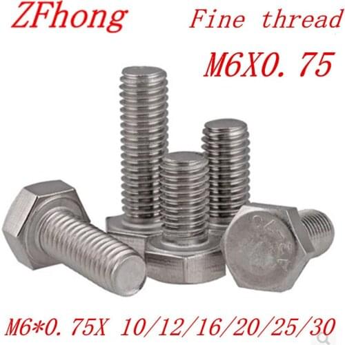 10pcs/lot m6 Fine Thread Hex Bolt DIN933 m6 thread pitch 0.75mm length 10/12/16/20/25/30mm