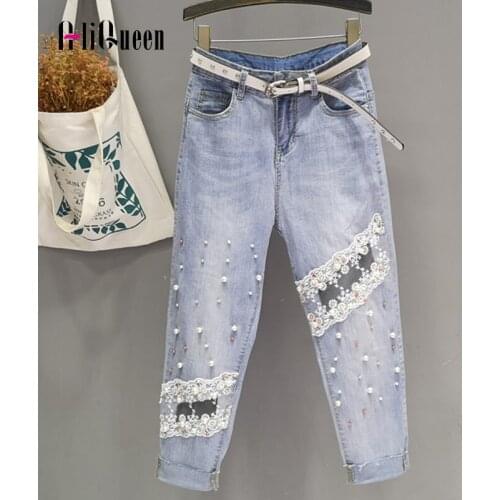 2021 Women Vintage Lace Patchwork Beaded Pearls Silm Denim Pants Streetwear Woman Blue Pencil Ankle-length Jeans Pants Plus Size