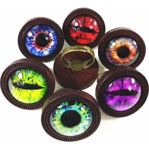 24pcs Wood Cabochon Ring Base with red purple blue green Dragon Cat Eyes Photo Glass Cabochon the Ethnic Style ring for party