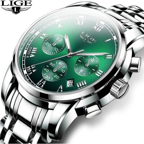 LIGE 2020 Mens Watches Luminous Green Water Ghost Watch Top Brand Luxury Fashion Business Quartz Watch Men All Steel Wristwatch