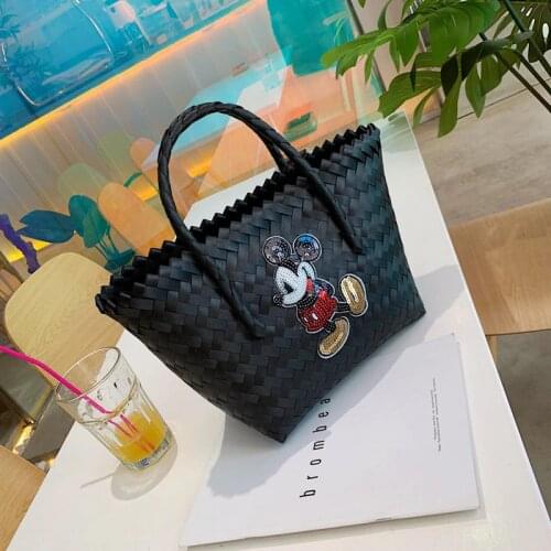Disney new Mickey ladies handbag cartoon large capacity bag female woven fashion portable travel street shoot beach Shoulder bag