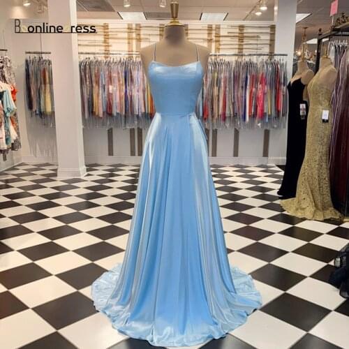 Sky Blue Prom Dress Satin A-Line Spaghetti Strap Long Prom Dresses Elegant Formal Party Gowns Plus Size Vestido-de-festa