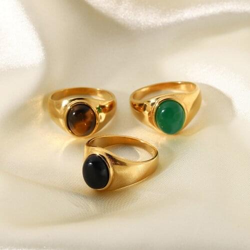 Elegant Vintage Stainless Steel Rings For Women Bohemia Oval Tiger Eye Stone Obsidian Engagement Rings Jewelry