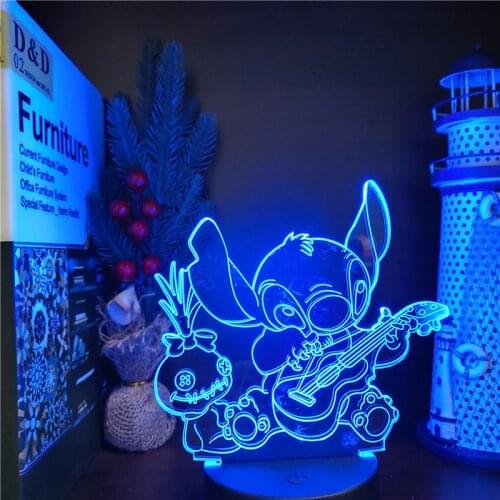 Disney Lilo Stitch Anime Figures 3D Led Toys Set Model Ohana Play Guitar Print Action Figma Collector Xmas Gift Table Lamp Doll