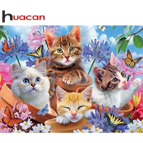Huacan Full Drill Square Diamond Painting Cat Handmade Gift Mosaic Animal Embroidery Flower Cross Stitch Home Decoration