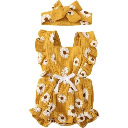 Baby Girl Bodysuit For 0-2yrs Toddler Girls Clothing Sets Summer Flower Print Sleeveless Fashion Girls Baby Jumpsuit + Headband