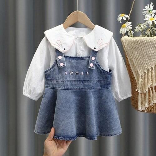 Two Pieces Spring Cotton Girls Clothing Sets White Shirt & Denim Dress Girls Clothes Suit Fashion Toddler Outfits for 12M-8Y
