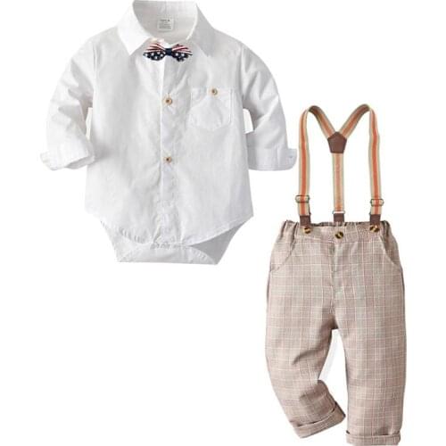 High Quality Baby Boys Wedding Party Gentleman Suit Newborn Bow Bodysuit+Hat Outfits & Set Gentleman Birthday Gift