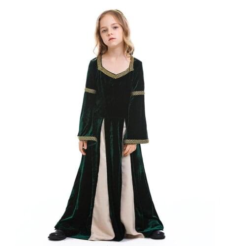Medieval Renaissance Princess Queen Costume Gown Robe Green Medieval Swing Dress Kid Vampire Halloween Costumes