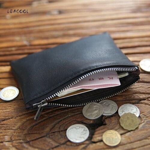 LEACOOL Mens Genuine Leather Zipper Coin Purse Natural Leather Mini Short Purse Card Holder Change Purse For Man Clutch Wallet