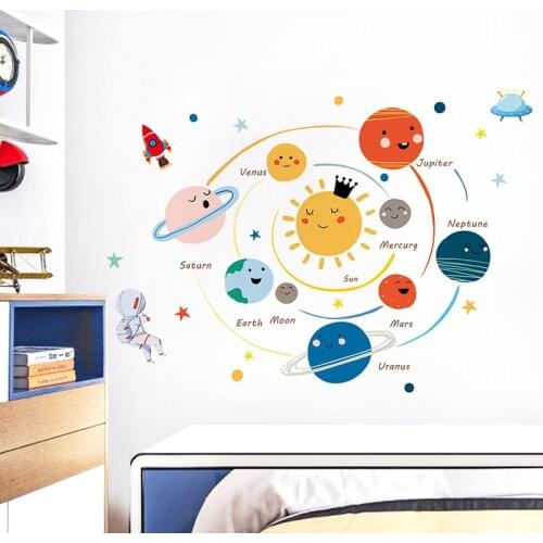 Cartoon Solar Planet Wall Sticker Hand Painted Kids Room Bedroom Wall Decoration Decals Kindergarten Layout Wallpaper Removable