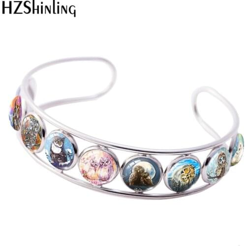 2021 New Owl Moon Cuff Bracelet Bird Painting Round Glass Dome Art Photo Jewelry Handmade