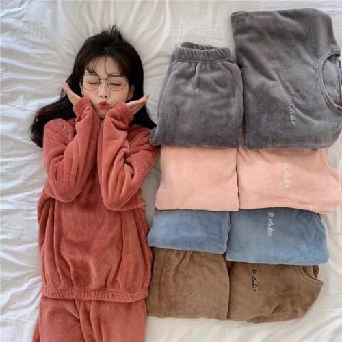 Pajamas Set For women Winter Thick Warm Flannel Casual Long-Sleeved Home Wear Sleepwear Two Piece/Suit Female