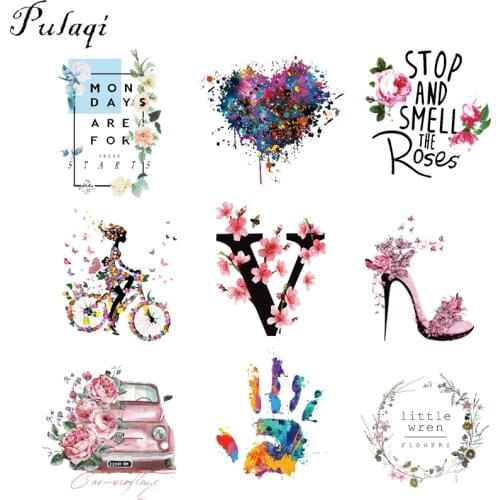 Pulaqi Fashion Girl Iron on Transfer Flowers Heat Transfers For Clothes Heat Transfer Vinyl Roll Patches For Clothing Stickers F