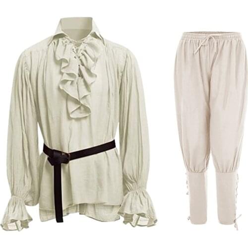 Medieval Shirts Ruffled Gothic Steampunk Victorian Pirate Cosplay Costume Mens Tops Pants Lacing Up Shirt Men Larp Vintage Wear