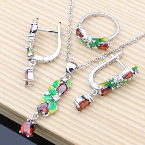 Silver 925 Jewelry Sets Green Enamel with Natural Garnet Drop Hoop Earrings for Women Luxury Jewellry Dropshipping