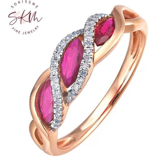 SKM Genuine 14K Rose Gold Vintage Ruby rings Shiny Diamond Ring For Lady Wedding Engagement Anniverary Trendy Luxury Fine Jewelr