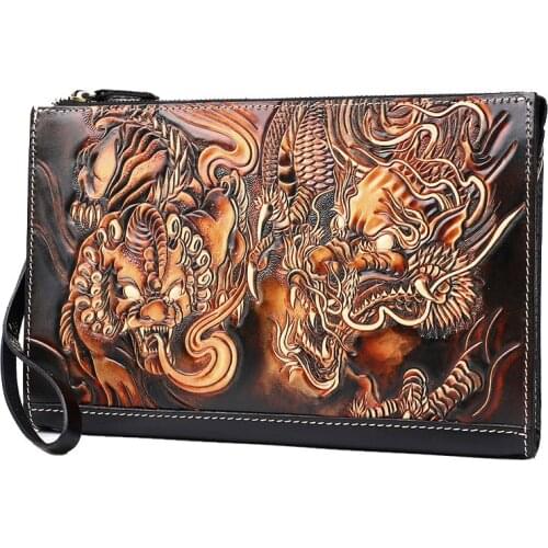 Handmade Women Men Vegetable Tanned Leather Dragon Unicorn Bag Money Holder Clutch Purse Cigarette Pocket Clutches Envelope