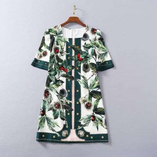 Europe and the United States womens clothing New spring 2021 Short - sleeved square neck chestnut printed bead dress