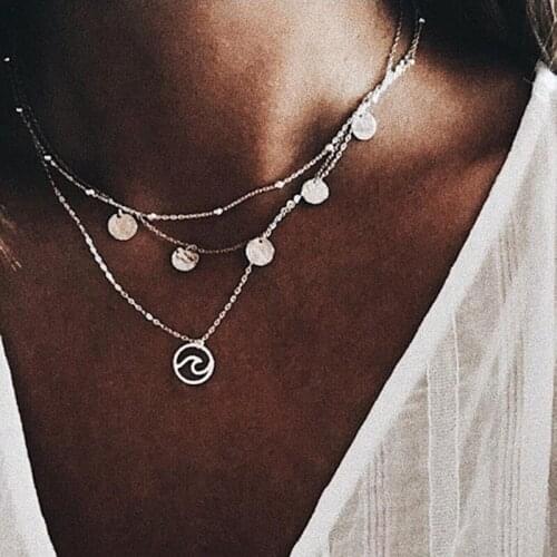 Vintage European Multilayer Wave Round Sequins Pendant Necklaces for Women Geometric Chains Clavicle Necklaces Jewelry YN1074