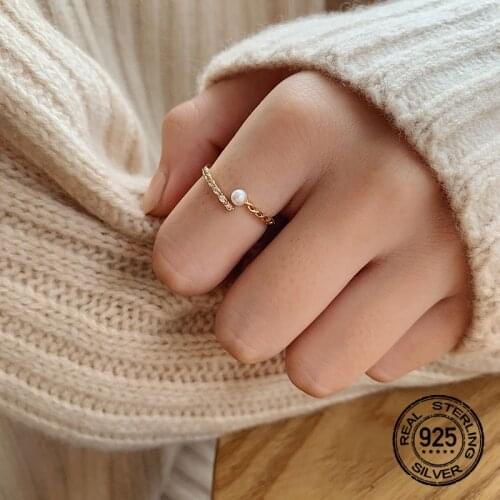 Pearl Twist Opening Rings Adjustable For Women 925 Silver Simple Zircon Korean Fashion Design Girlfriend Student Jewelry INEFFA