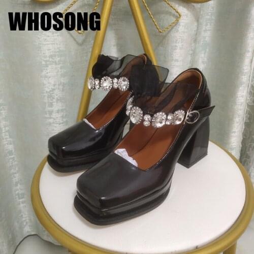 Women Pumps Black Shoes Girls Thick High Heels Woman Square Toe Loafers Ladies Rhinestone Shoes Female Black Shoes Mary Jane New