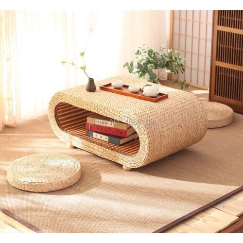 1pc table + 2pcs stool Pastoral style oval-shaped Straw weaving tea table Japanese antique coffee table small tea table