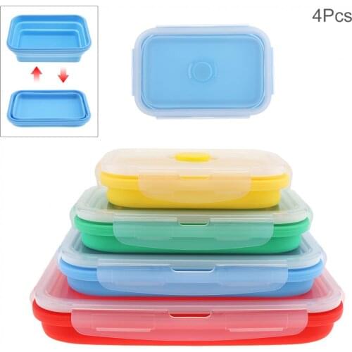 4pcs/lot 350 / 500 / 800 / 1200 ML Portable Rectangle Silicone Scalable Folding Lunchbox Bento Box with Sealing Plug